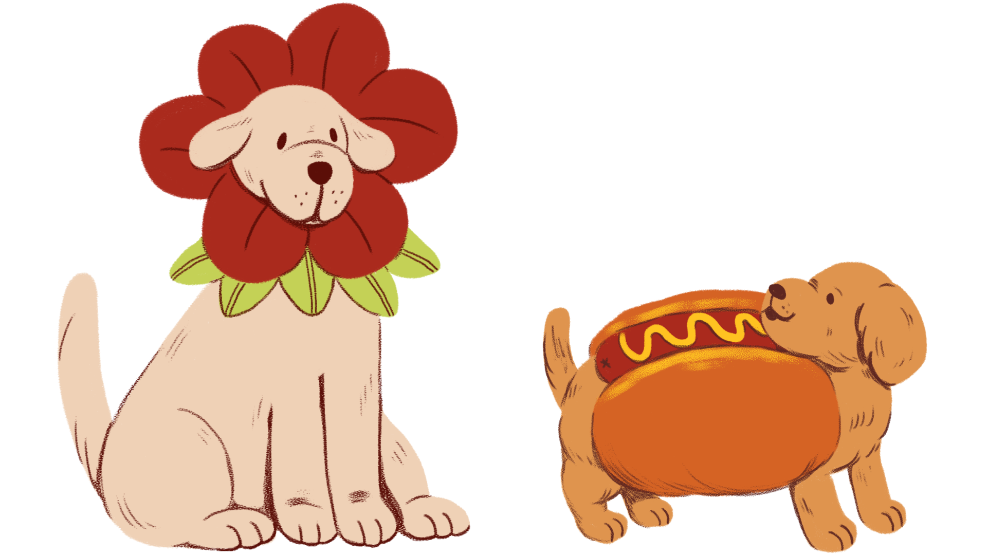 two cartoon dogs sit next to eachother, a bigger, lighter colored dog in a red flower costume, and a smaller orange dog in a hotdog costume.