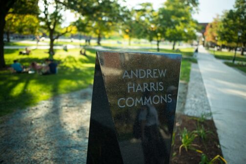 a plaque of the Andrew Harris Commons