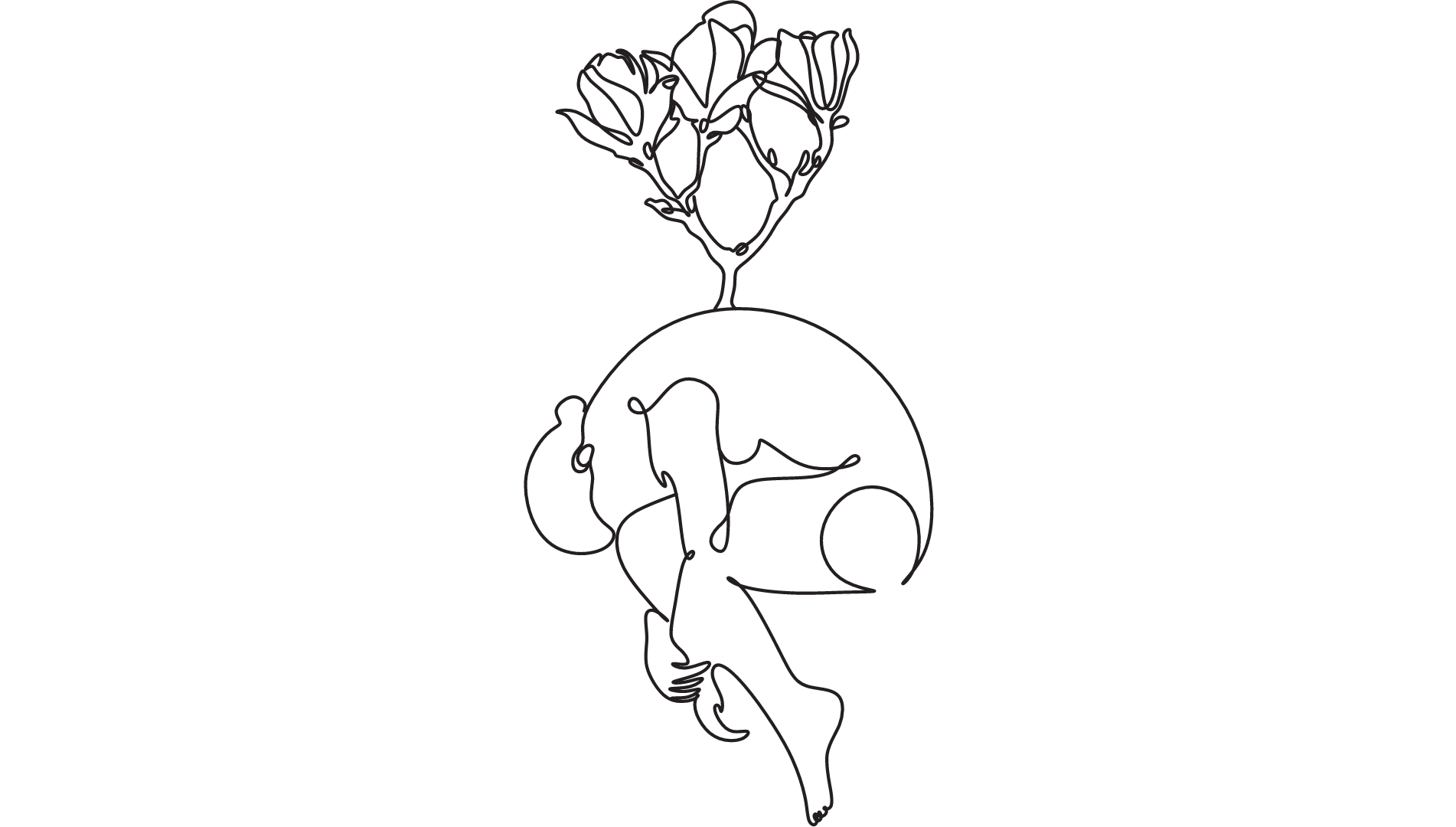 a single line outline of a person hunched over with flowers growing out of their back