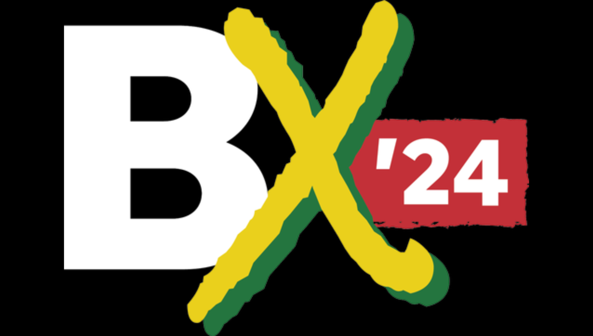 A white letter "B" with the letter "X" in yellow with a green shadow, and a red box next to it with "'24"