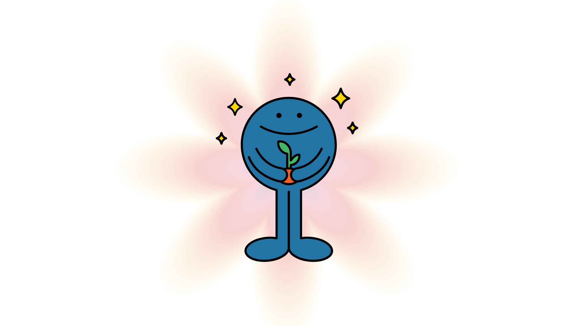 cartoon little blue character holding a mini plant with one leaf