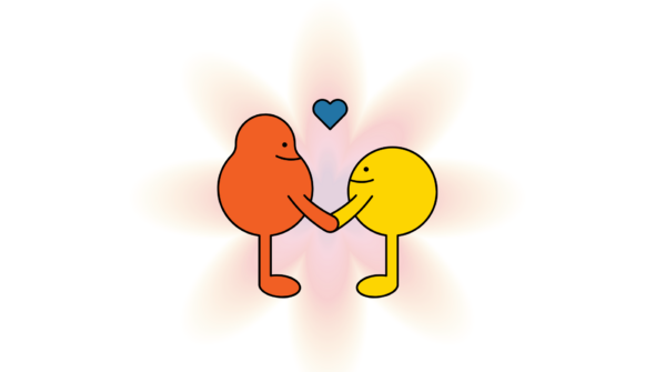 two cartoon friends facing eachother and holding hands with a simple blue heart above and between them