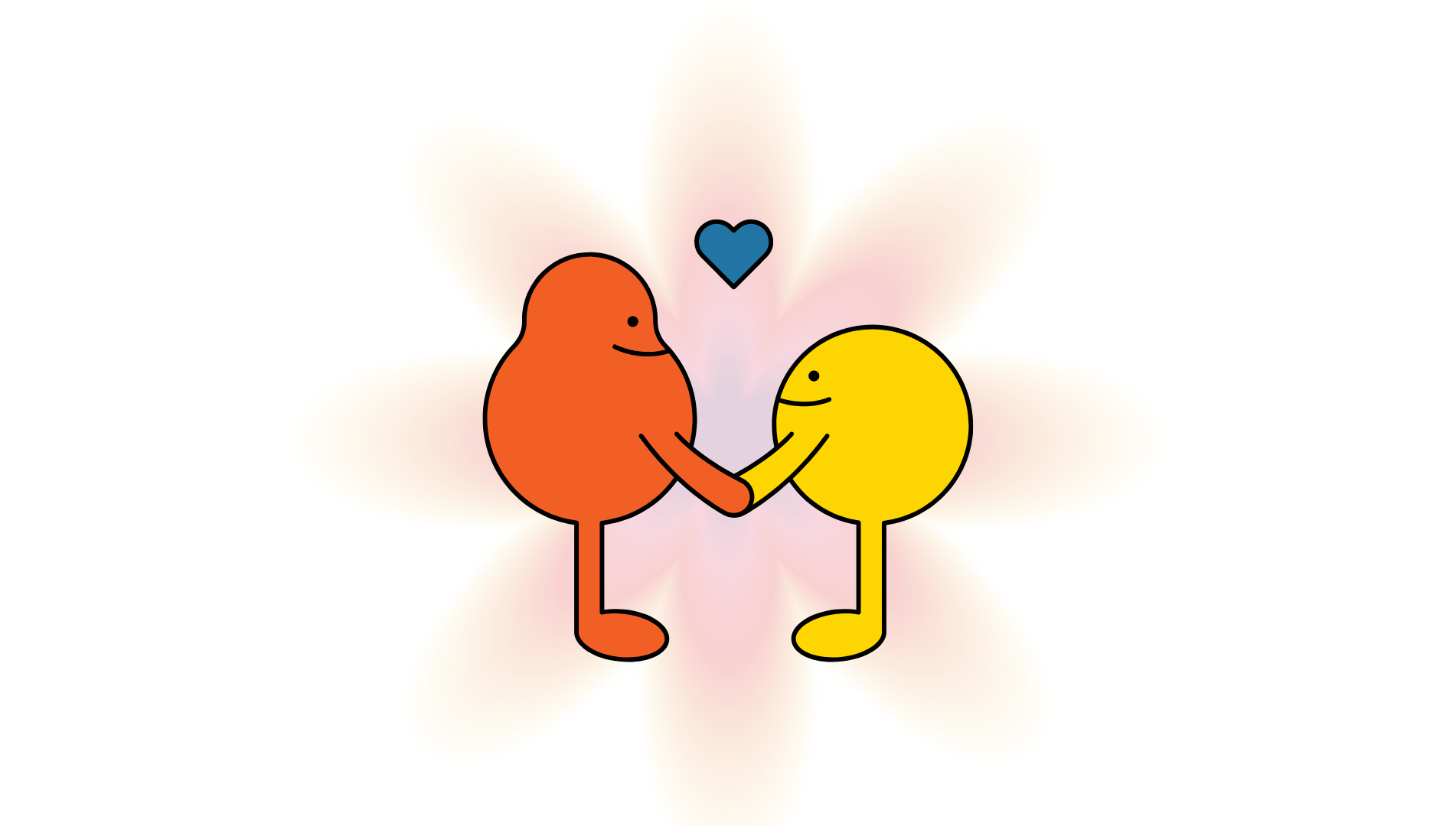 two cartoon friends facing eachother and holding hands with a simple blue heart above and between them