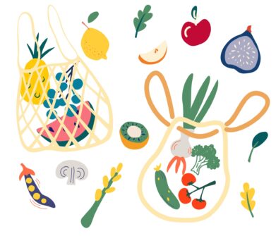 Colorful, illustrated fruits and veggies