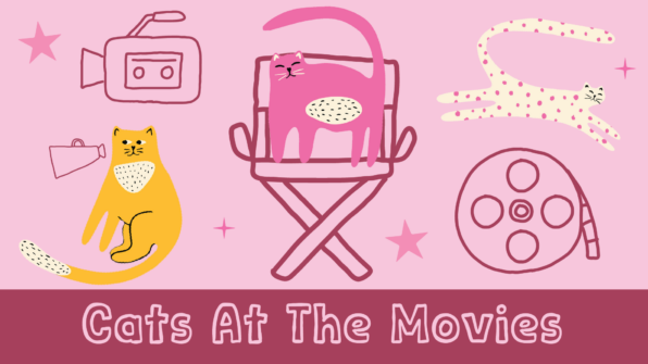 Illustration of yellow, pink, and white cats enjoying various movie-related objects (cameras, director chair, film reel) over a pink background