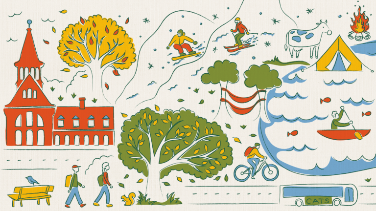 Various hand-drawn illustrations of scenes on UVM's campus, including Old Mill, people walking, a cat bus, trees blowing in the wind, hammocks, skiers, a tent, a cow, a canoe, and a campfire