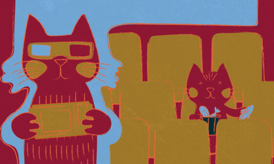 Red and gold illustration of a cat gleefully holding a movie ticket