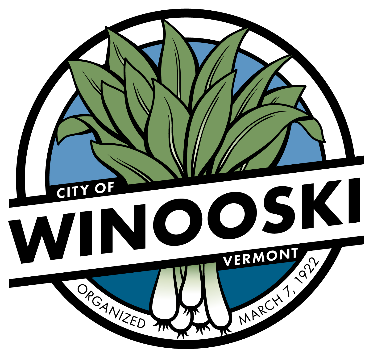 official seal of the city of winooski, featuring a bundle of onions